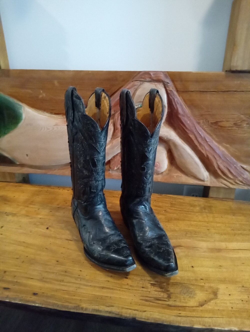 Vintage Safari Black Distressed  Leather Phoenix Tall Snip Toe Cowgirl Boots 6.5 - Picture 4 of 16